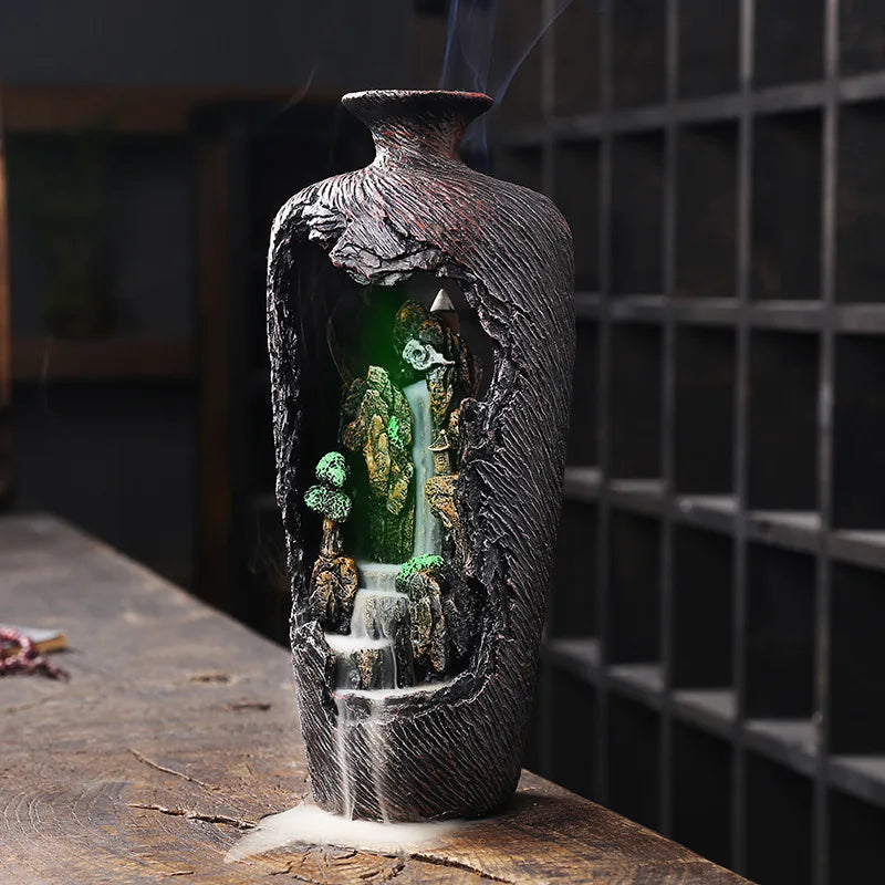 Porte Encens Vase Décoratif Feng Shui | Brûleur d'Encens avec Cascade en Résine