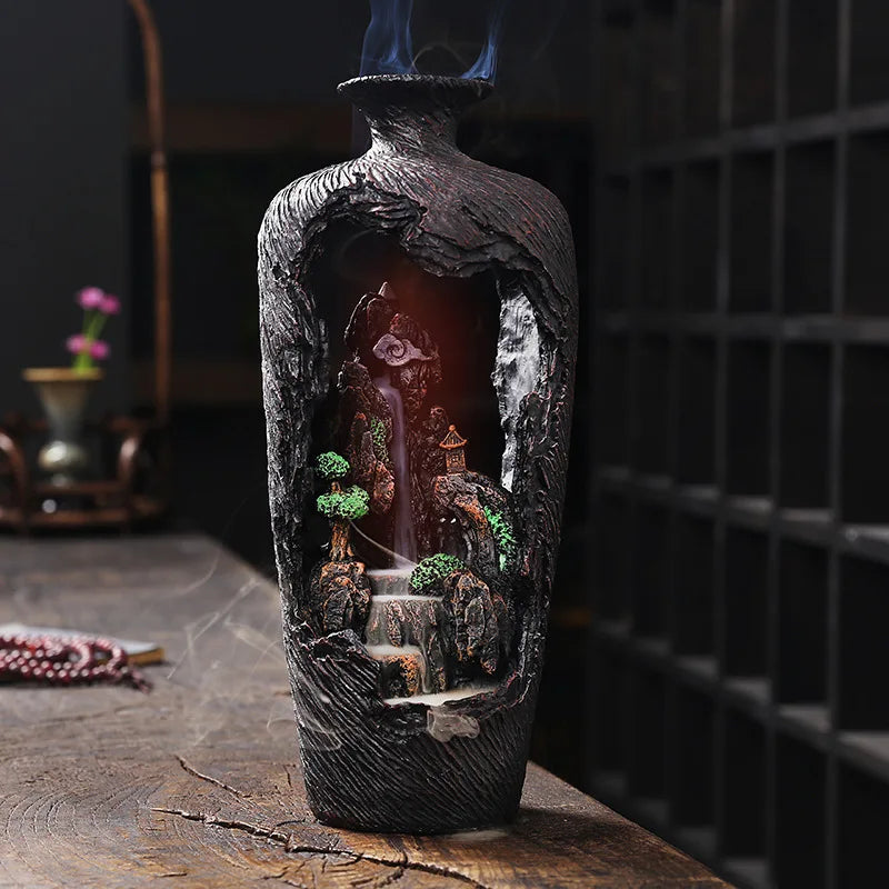 Porte Encens Vase Décoratif Feng Shui | Brûleur d'Encens avec Cascade en Résine