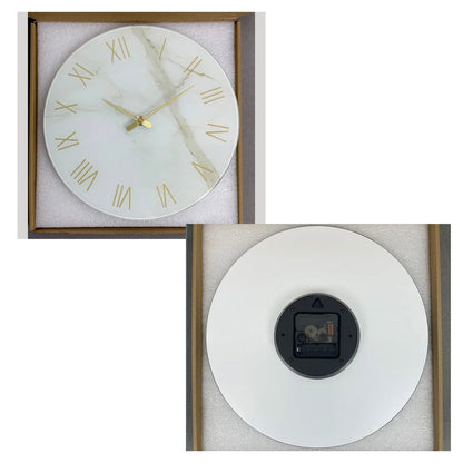 Horloge Murale en Verre - Design Marbre Blanc et Chiffres Romains