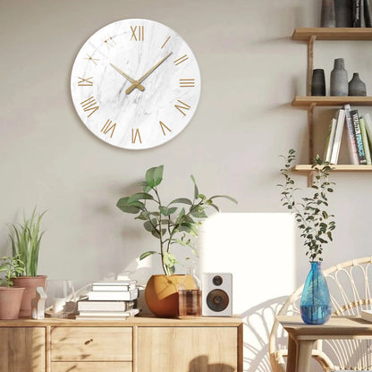 Horloge Murale en Verre - Design Marbre Blanc et Chiffres Romains