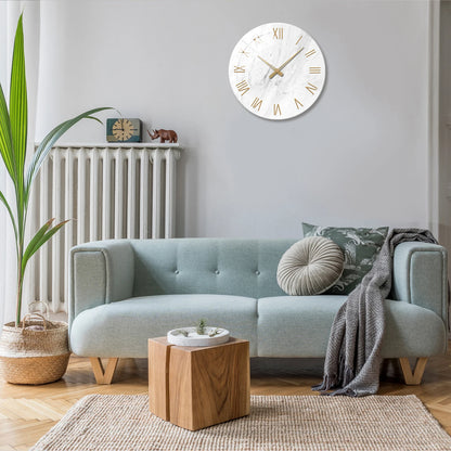 Horloge Murale en Verre - Design Marbre Blanc et Chiffres Romains