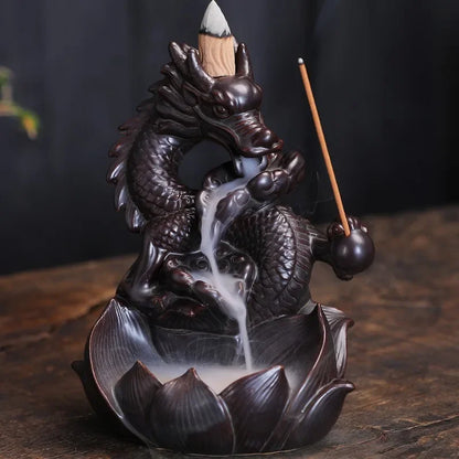 Porte Encens Dragon Lotus Céramique | Brûleur d'Encens Cascade