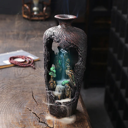 Porte Encens Vase Décoratif Feng Shui | Brûleur d'Encens avec Cascade en Résine