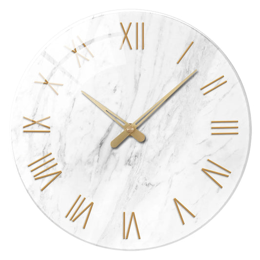 Horloge Murale en Verre - Design Marbre Blanc et Chiffres Romains