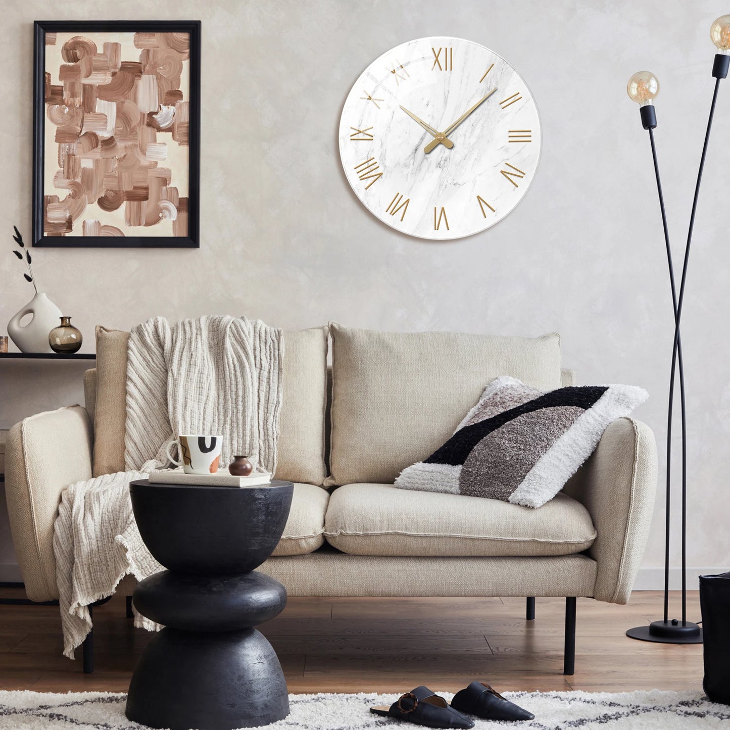 Horloge Murale en Verre - Design Marbre Blanc et Chiffres Romains