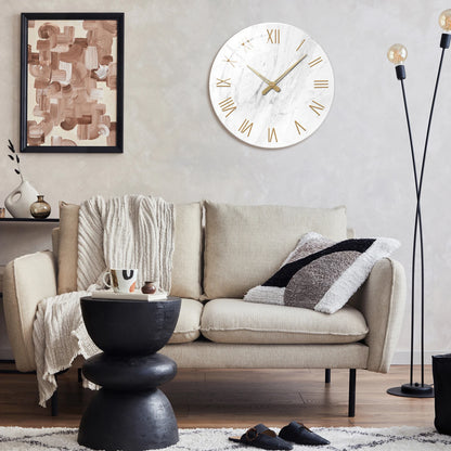 Horloge Murale en Verre - Design Marbre Blanc et Chiffres Romains