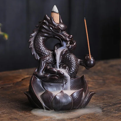 Porte Encens Dragon Lotus Céramique | Brûleur d'Encens Cascade